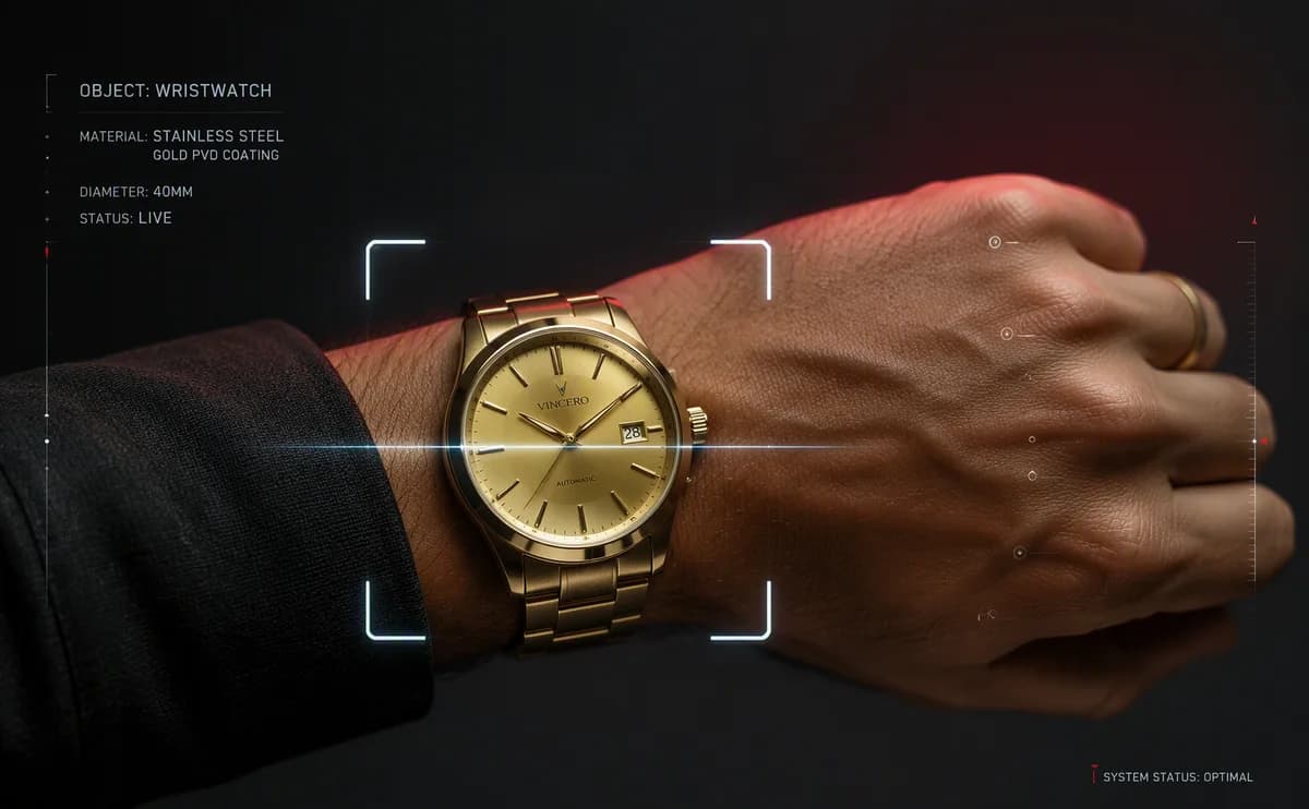 Storeskye 3D virtual try-on rendering a gold watch on a wrist