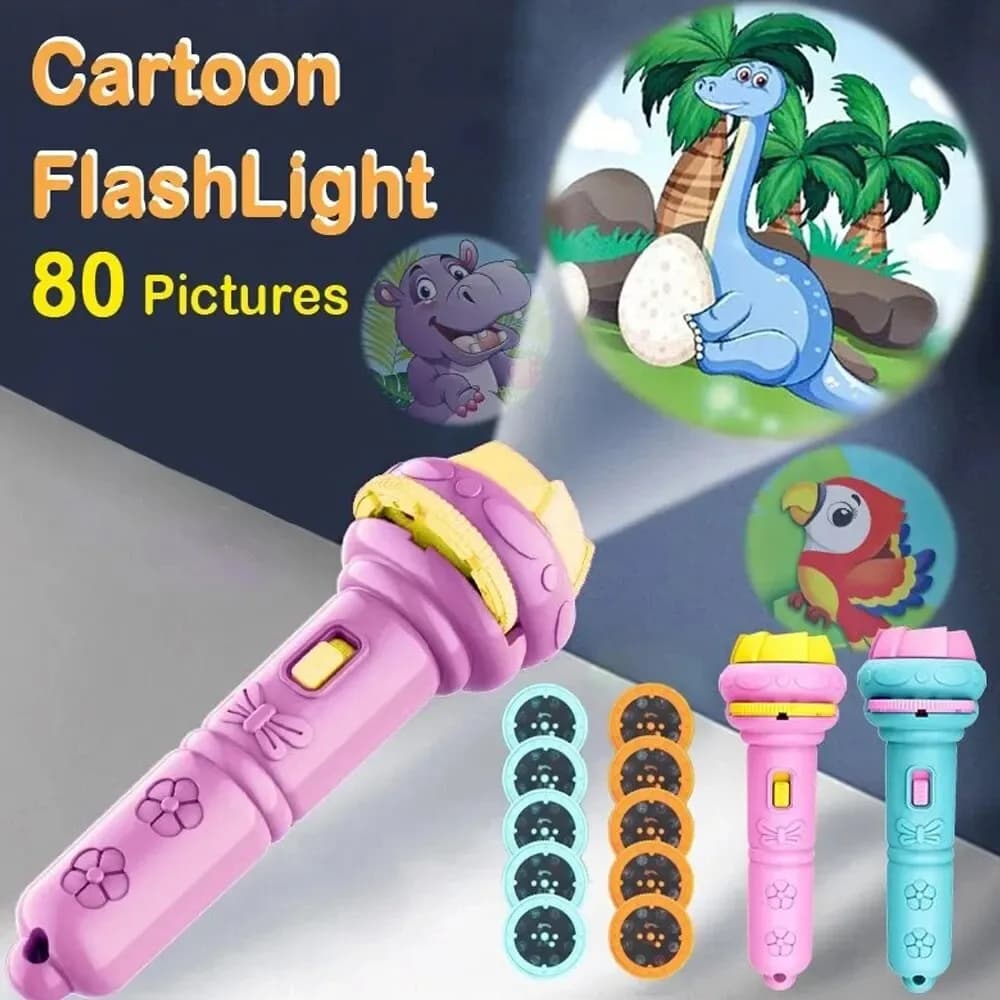 10 Cards Cartoon Projection Flashlight 80 Patterns Creative Children Flashlight Toy Projector Baby Toys Bedtime Story Book Toy image