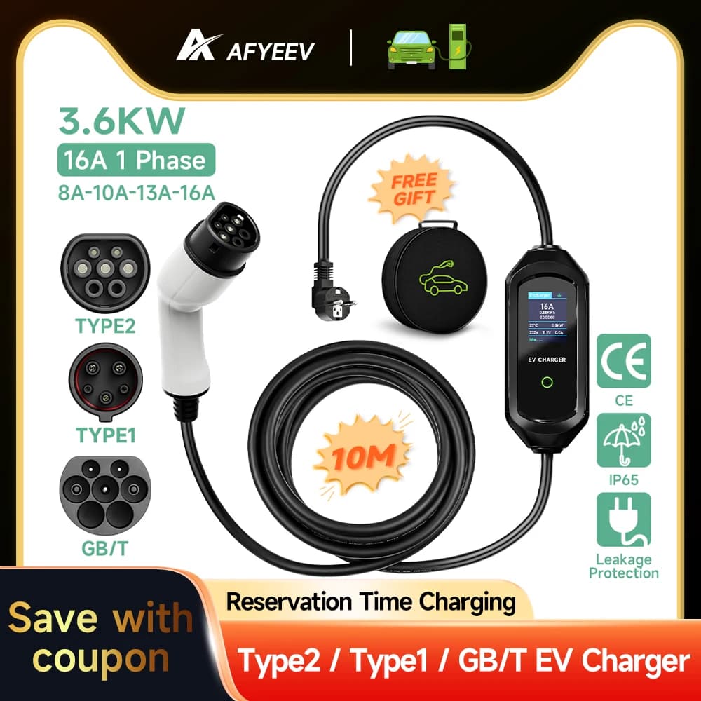 AFYEEV Portable Type2 IEC62196-2 EV Charger 16A GB/T EVSE Charging Cable Type1 SAE J1772 EU Plug Controller Wallbox for Car image