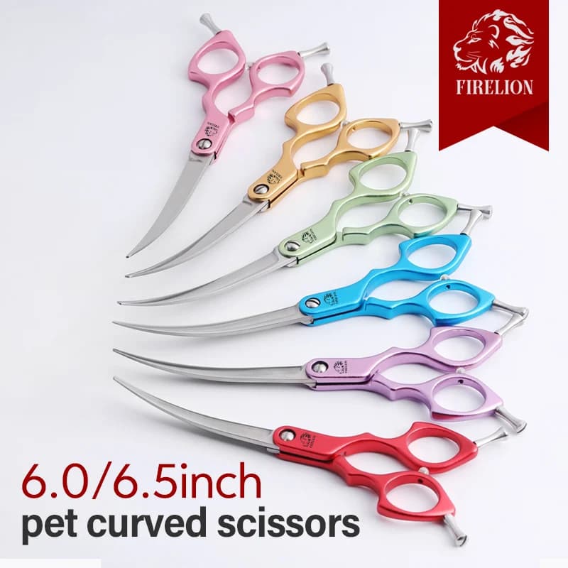 FIRELION Professional 440C 6.0/6.5 Inch Colorful Dog Grooming Scissors Pet Curved Scissors for Cutting Dogs Hair image
