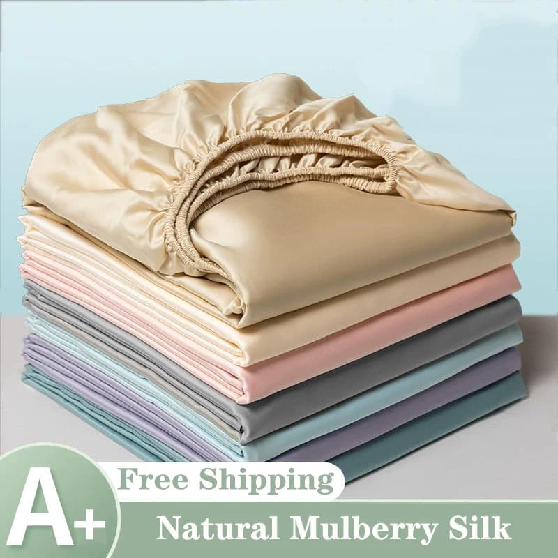 Mulberry Silk Fitted Bed Sheet with Elastic Bands Luxury Mattress Cover Single Double King Queen Size Bed Cover 100/140/200/220 image