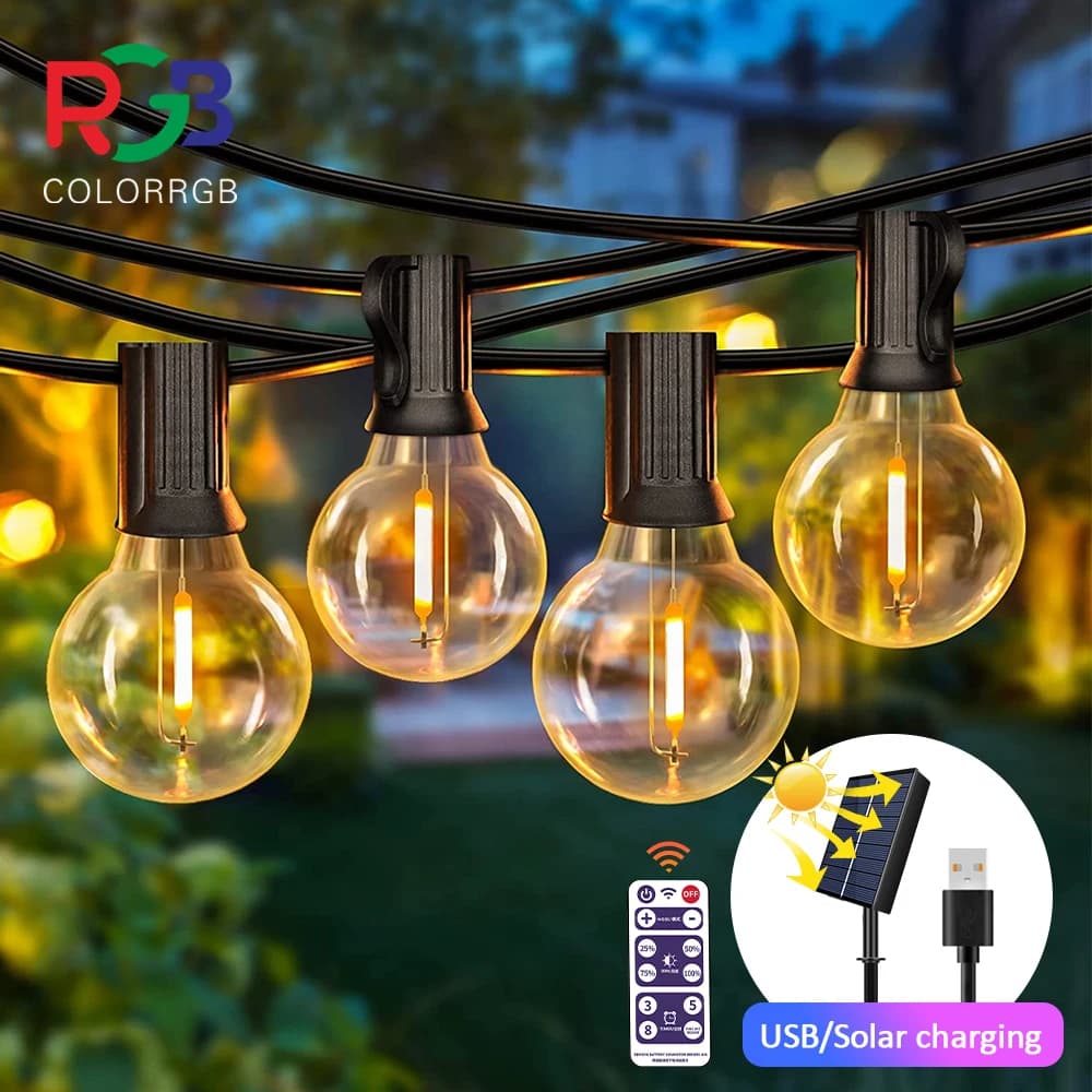 12M 30 LEDS  G40 Solar String Lights Outdoor Patio Lights Solar & USB Powered Waterproof Globe Hanging Lights with Shatterproof image