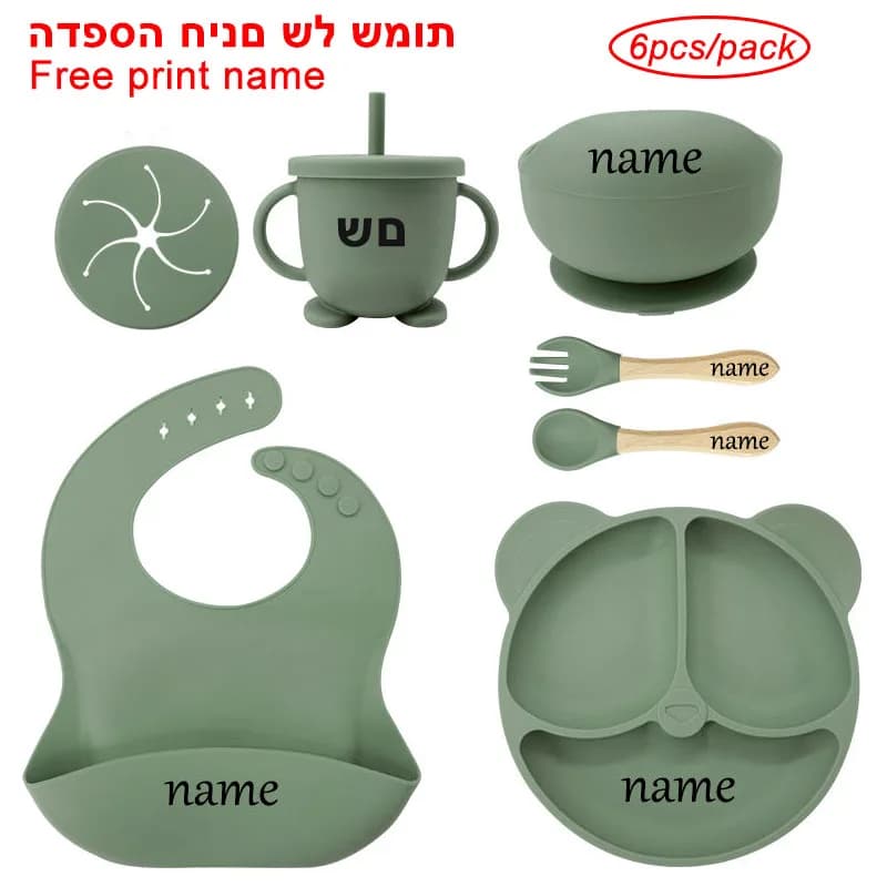 Baby Feeding Plate Sets Suction Bowl Silicone Plate For Kids 6Pcs Children Tableware Personalized Name Dinner Dishes Cups Spoon image