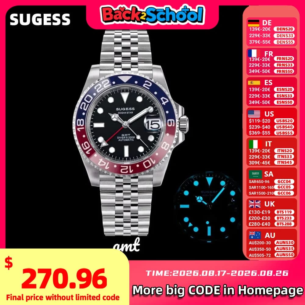 Sugess GMT Diving Watch of Men Automatic Mechanical Waterproof Wristwatches Peacock SL3032 Movement Ceramic Bezel Jubille Band image