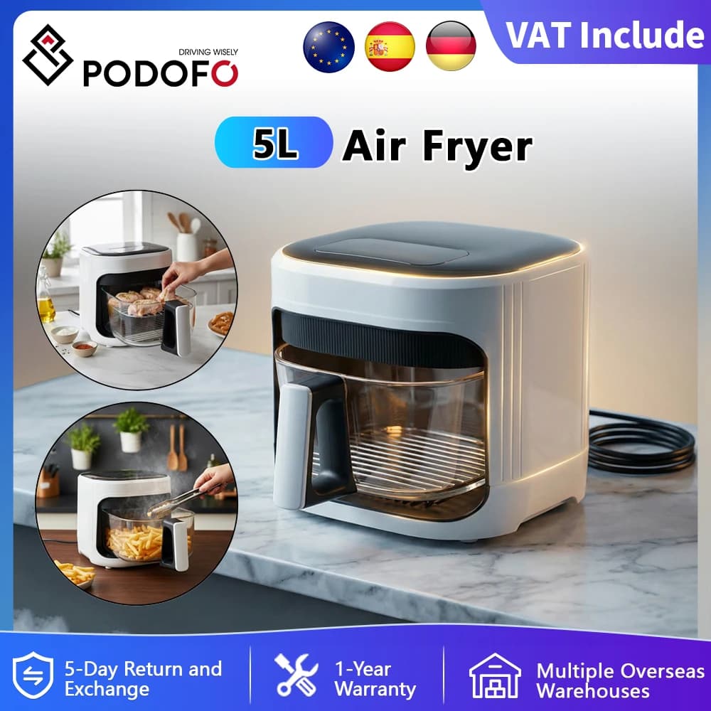 Podofo 5L Air Fryer 1350W Hot Glass Touch Control Electric Oven with Adjustable Temperature,Oil-Free Cooking for Home Kitchen image